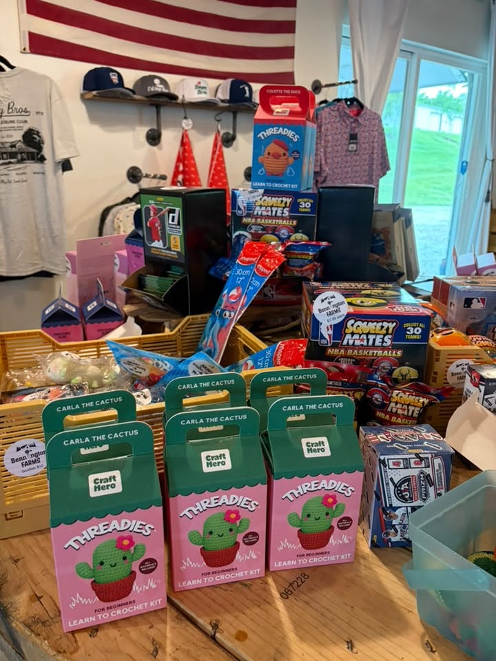 Kids gifts, toys, and crochet kits on display at Bennington Farms