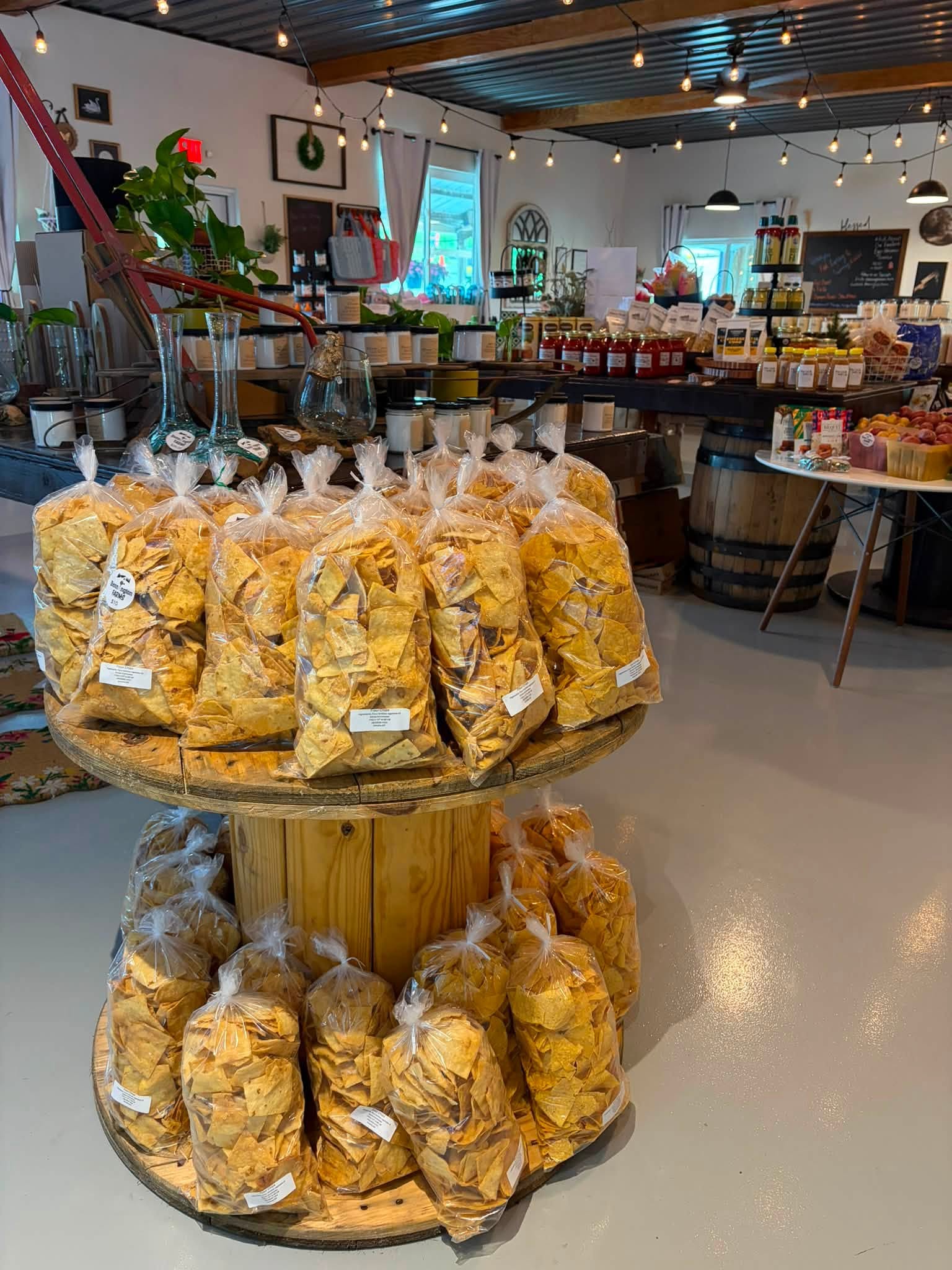 Bagged local chips and pantry goods on display at Bennington Farms