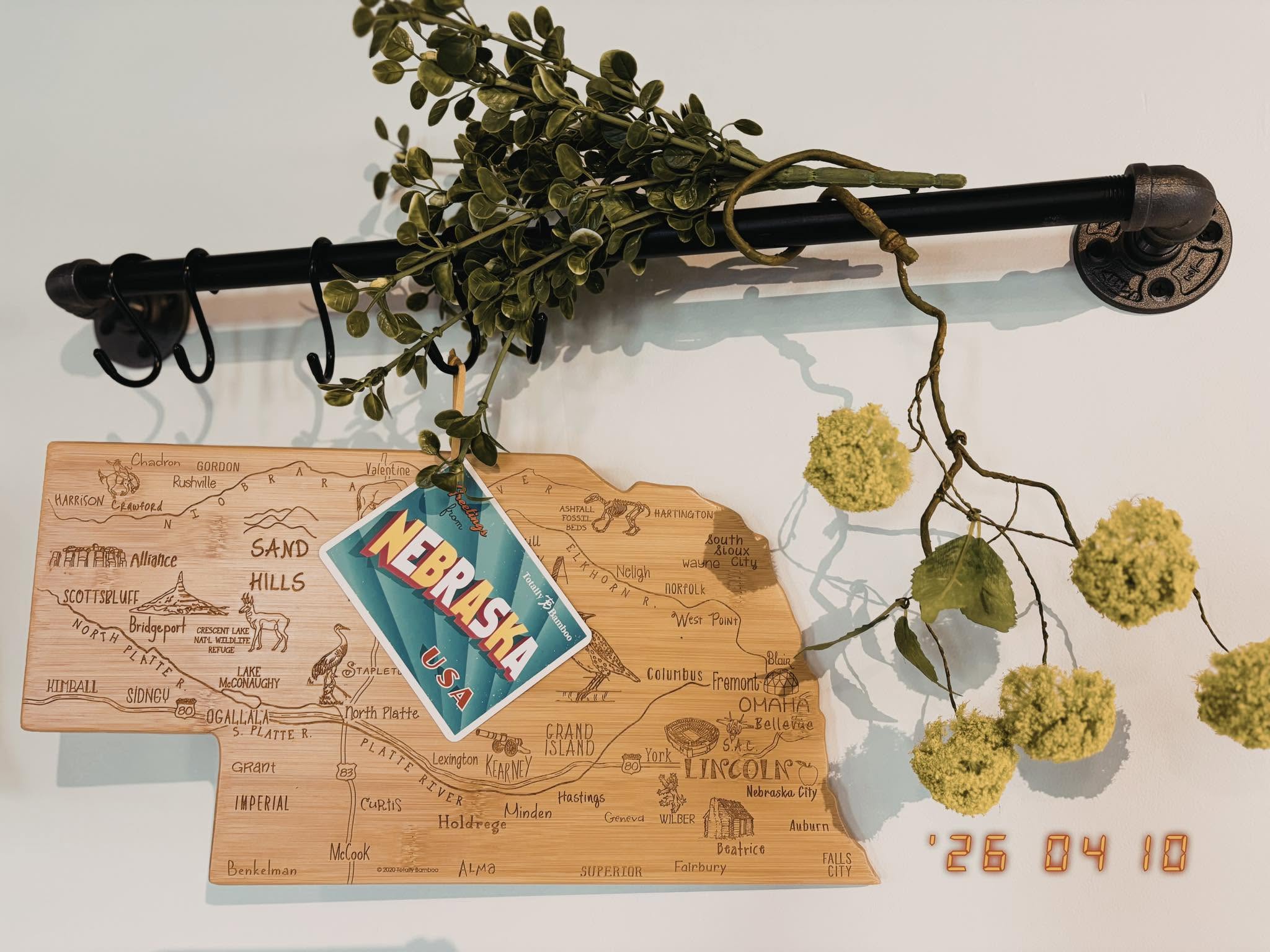 Engraved Nebraska cutting board gift on display